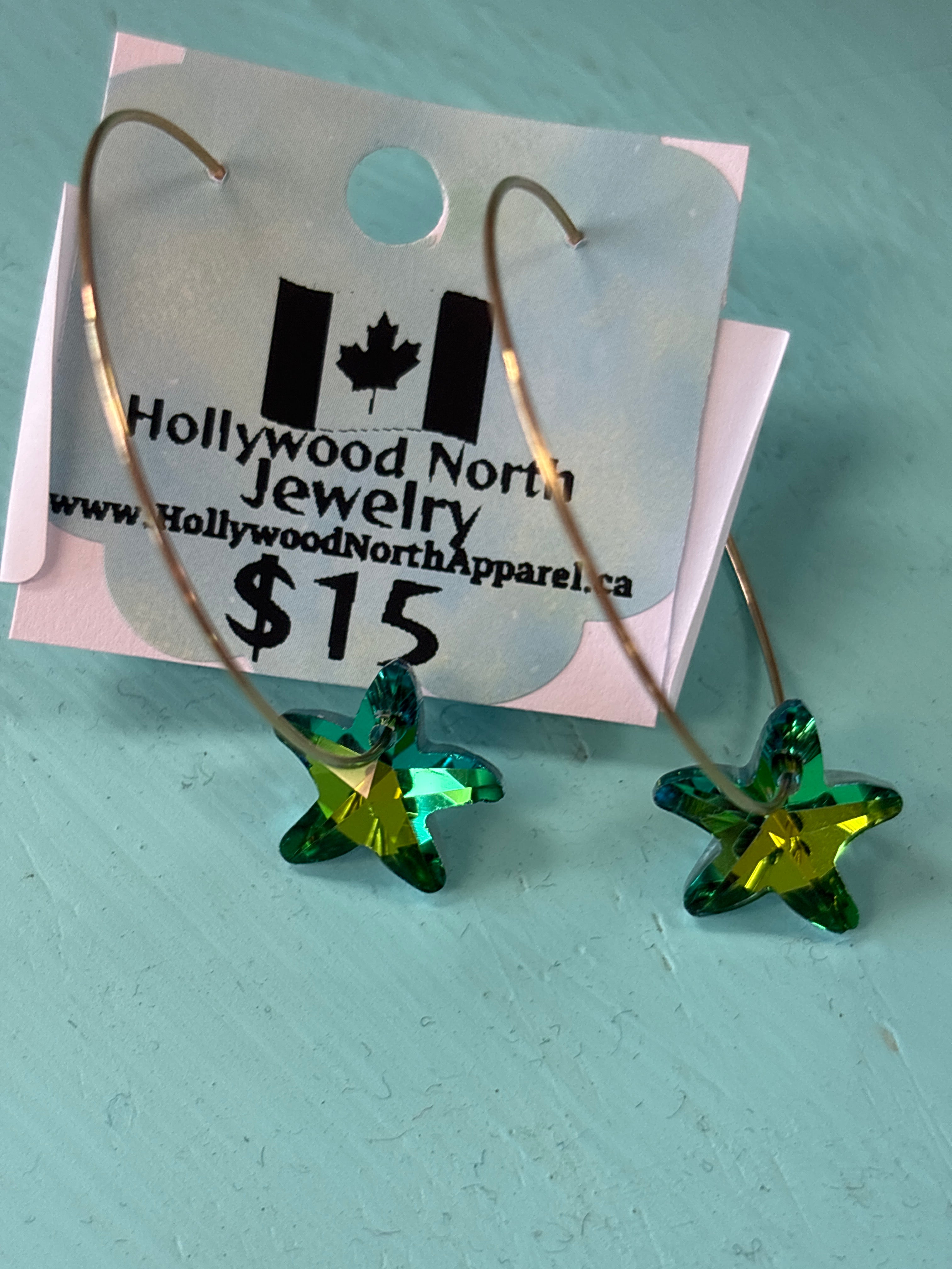 Glass Star Dangle Hoop Earrings by Hollywood North Jewelry