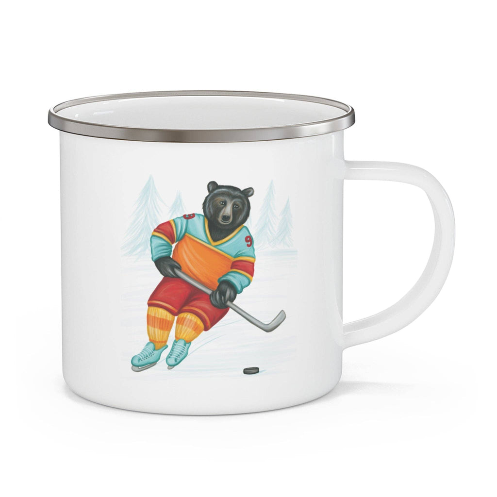 Mug with a bear playing hockey design on a white background