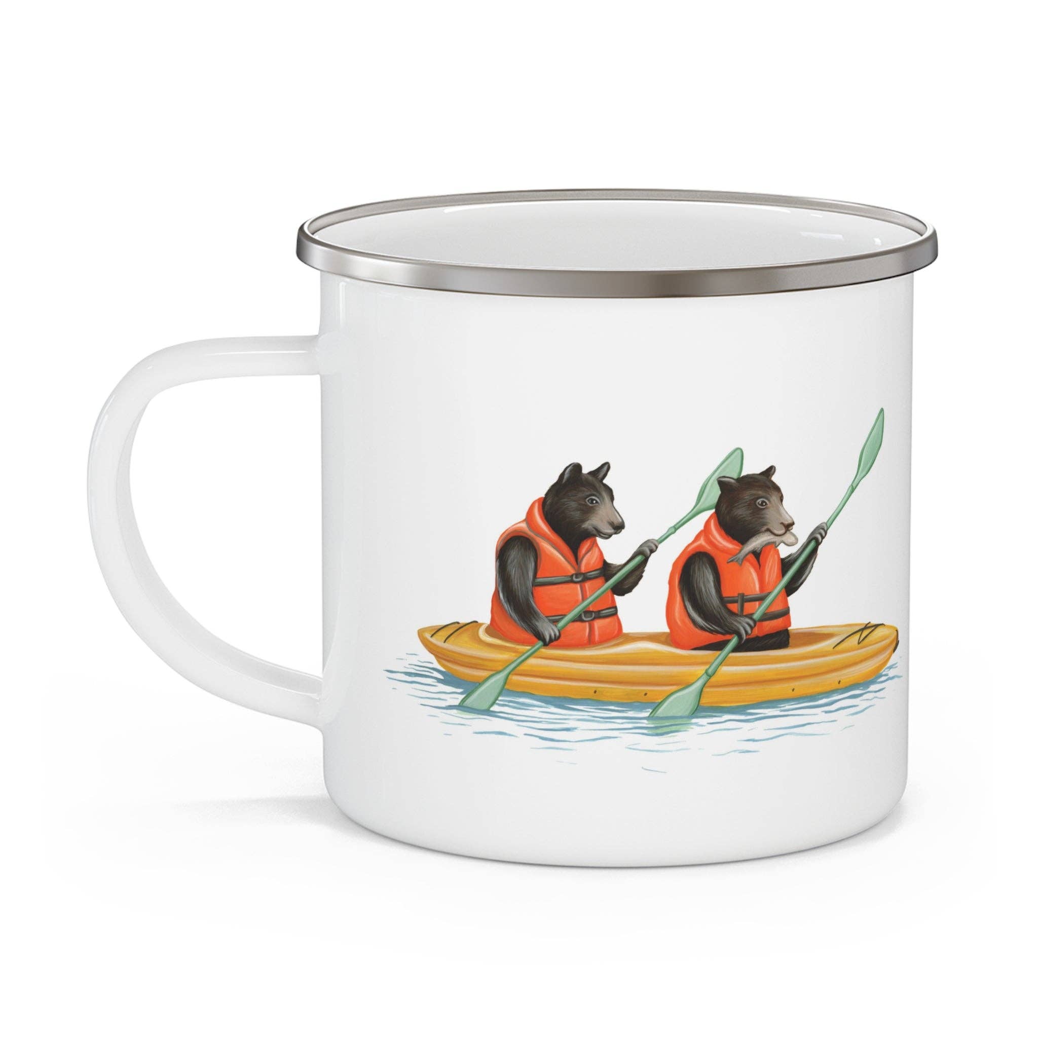 Mug with illustration of two bears in a kayak on a white background