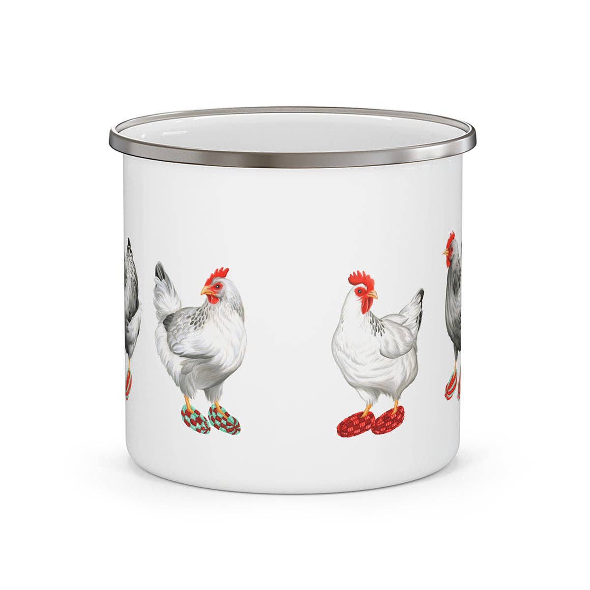 Enamel mug with chicken design on a white background