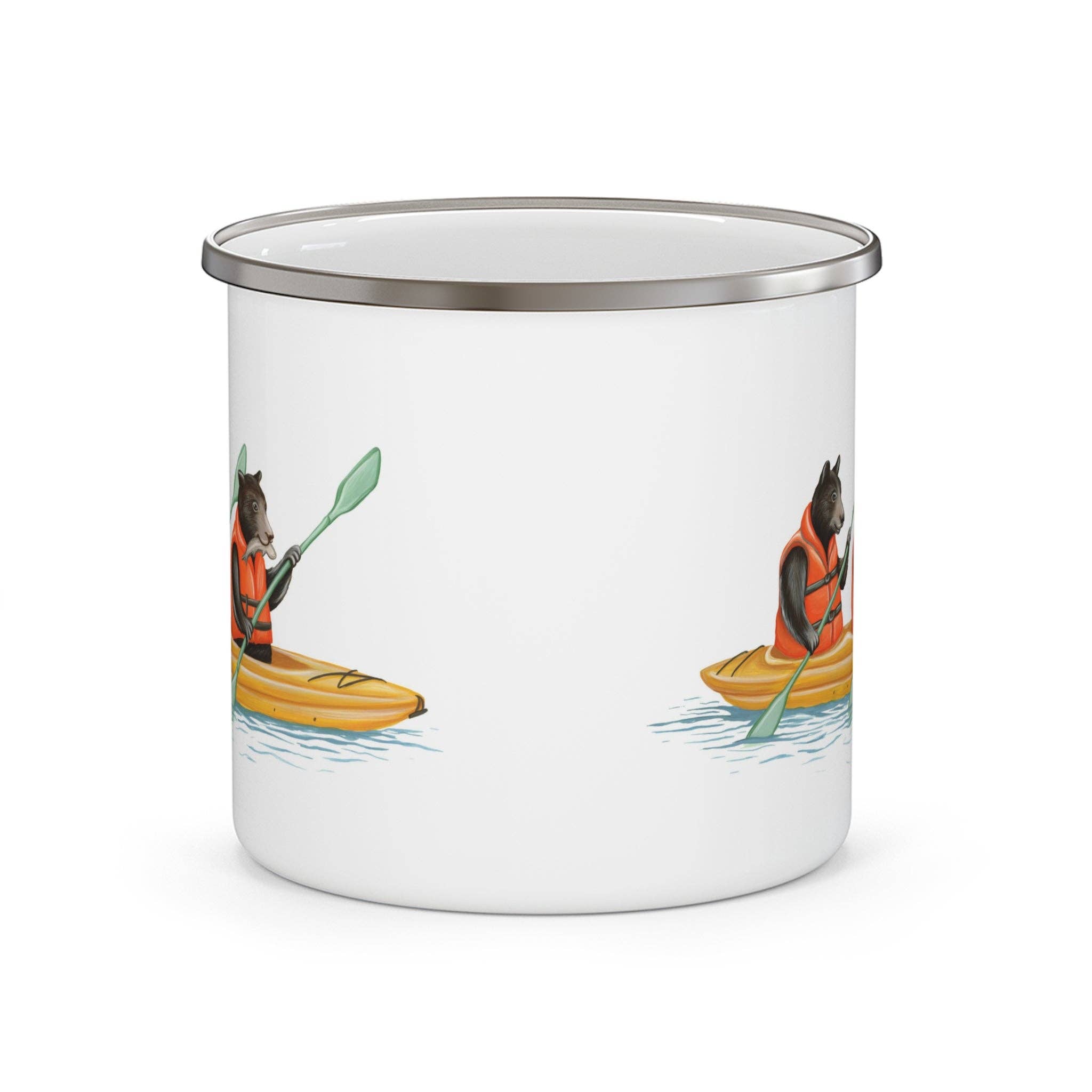 Enamel mug with a design of two cats in kayaks on a white background