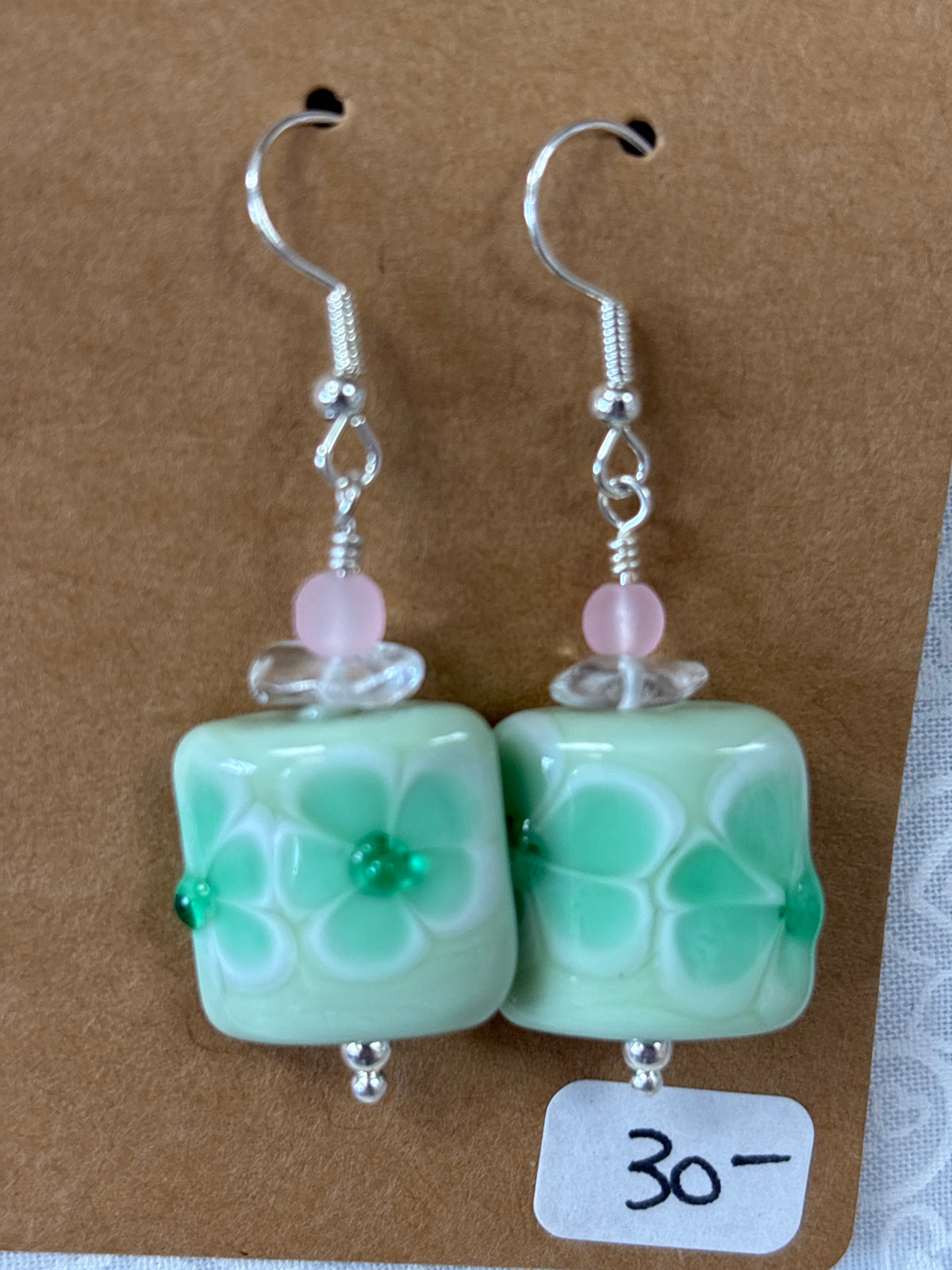 Mint Daisy Handmade Glass Bead Dangle Earrings by Meri Glass Beads (MLF021)