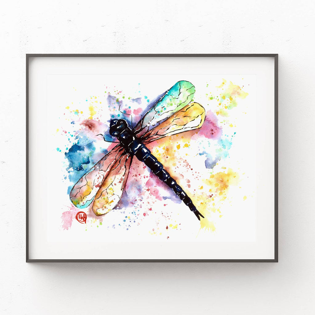 Colorful watercolor painting of a dragonfly on a white background