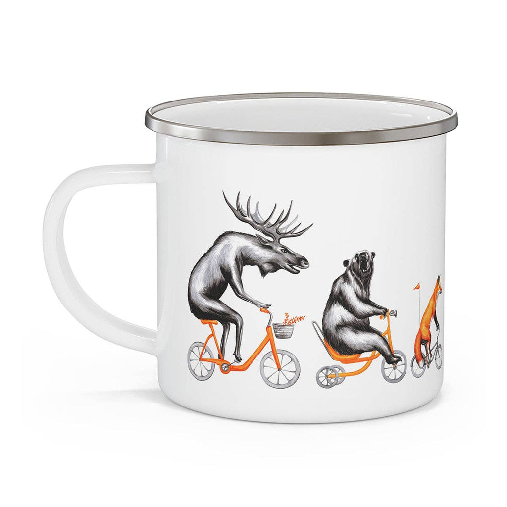 Moose, bear and fox riding a bike enamel mug with stainless rim