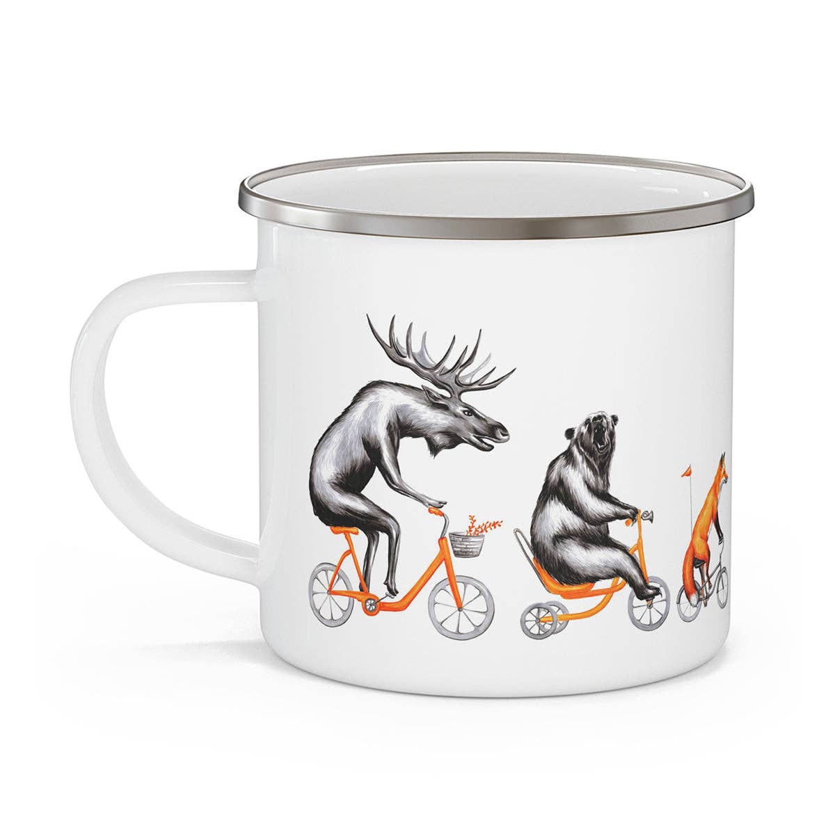 Moose, bear and fox riding a bike enamel mug with stainless rim