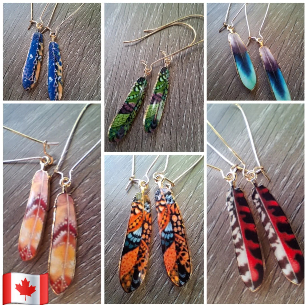 Collage of colorful feather-shaped earrings on a wooden surface with a Canadian flag.