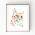 Colorful watercolor painting of a cat in a white frame on a light gray background