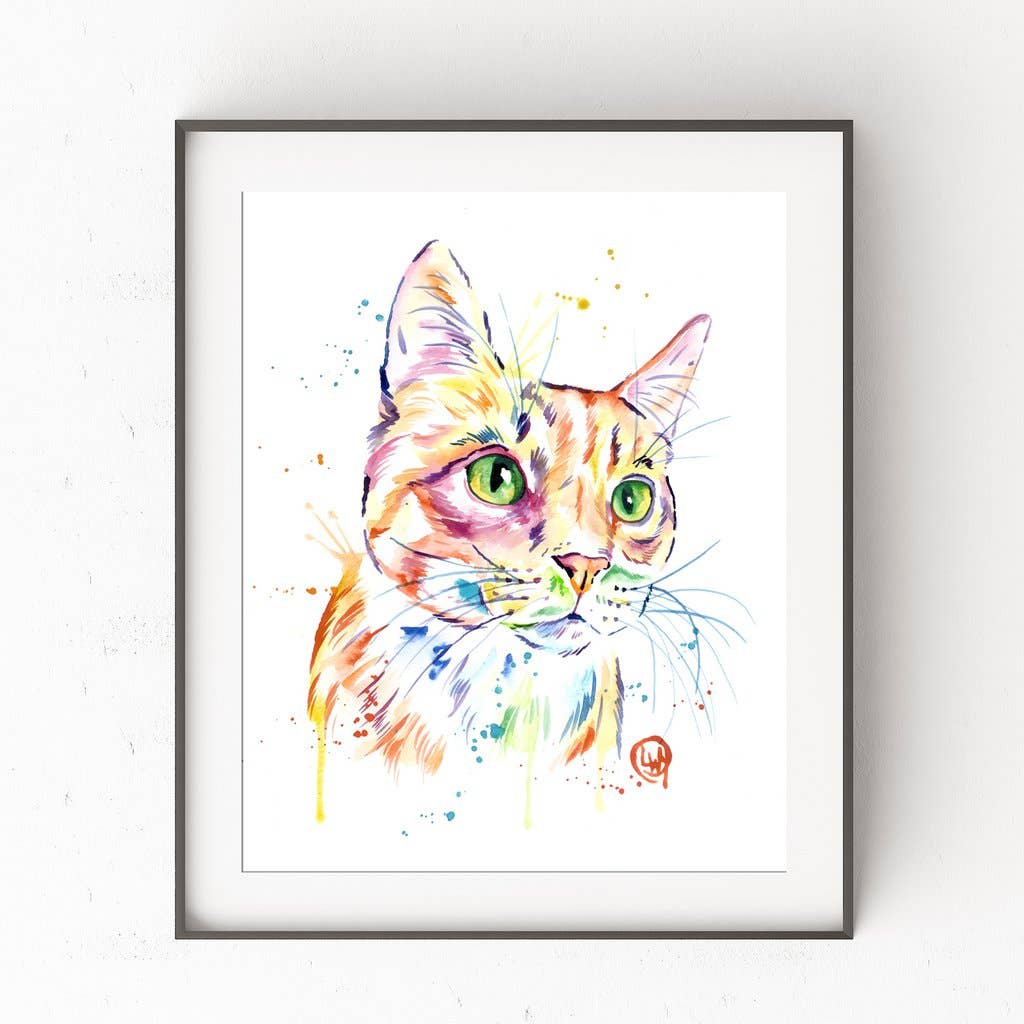 Colorful watercolor painting of a cat in a white frame on a light gray background