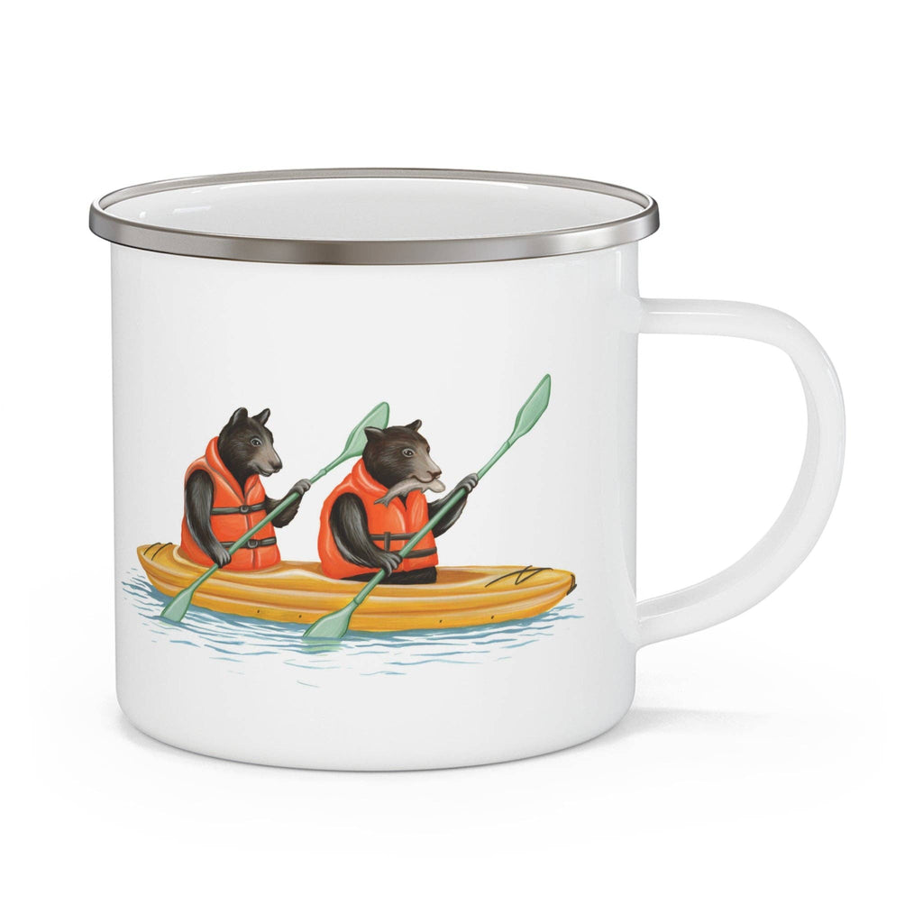 Mug with illustration of two bears in life vests paddling a kayak on a white background