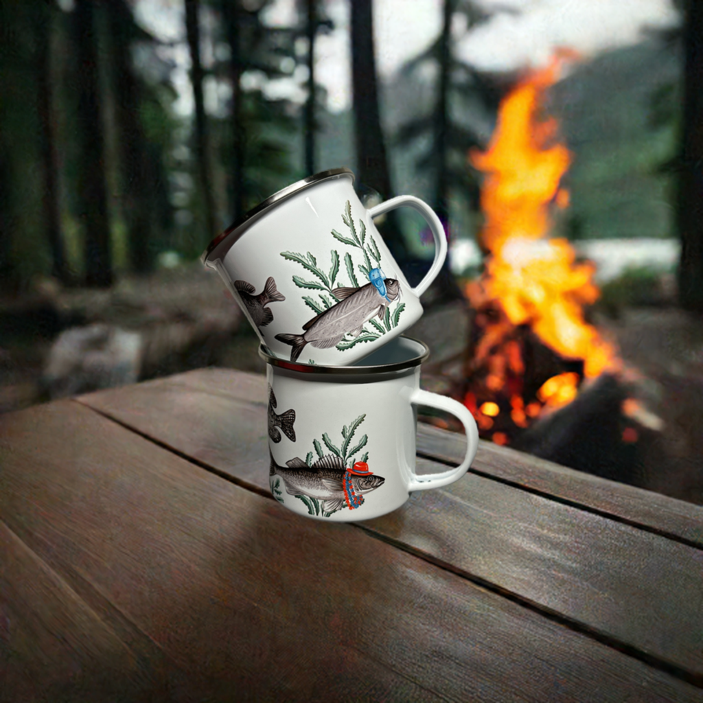 Two enamel mugs with nature designs stacked on a wooden table in front of a campfire.