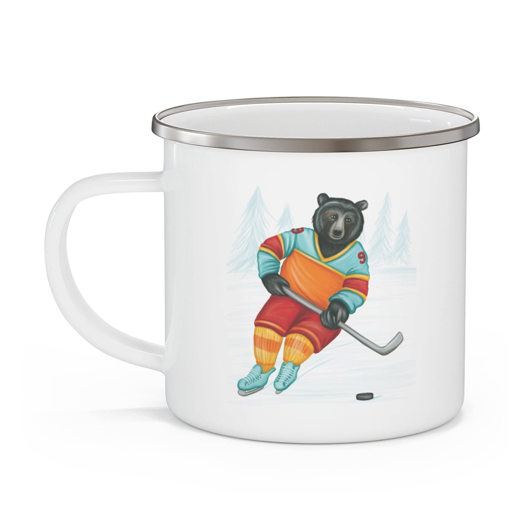 White mug with a colorful bear hockey player design on a white background