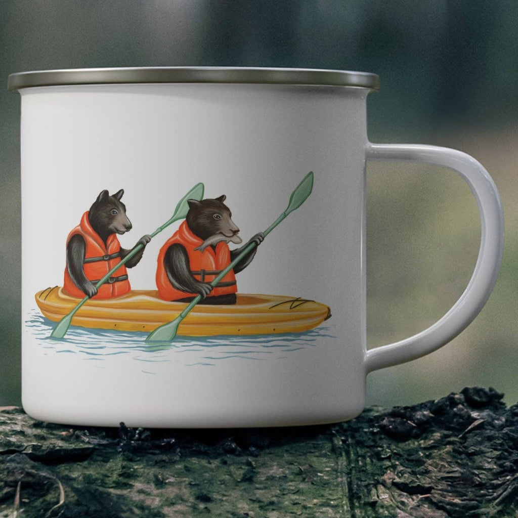 Mug with bear illustration in a kayak on a forest background