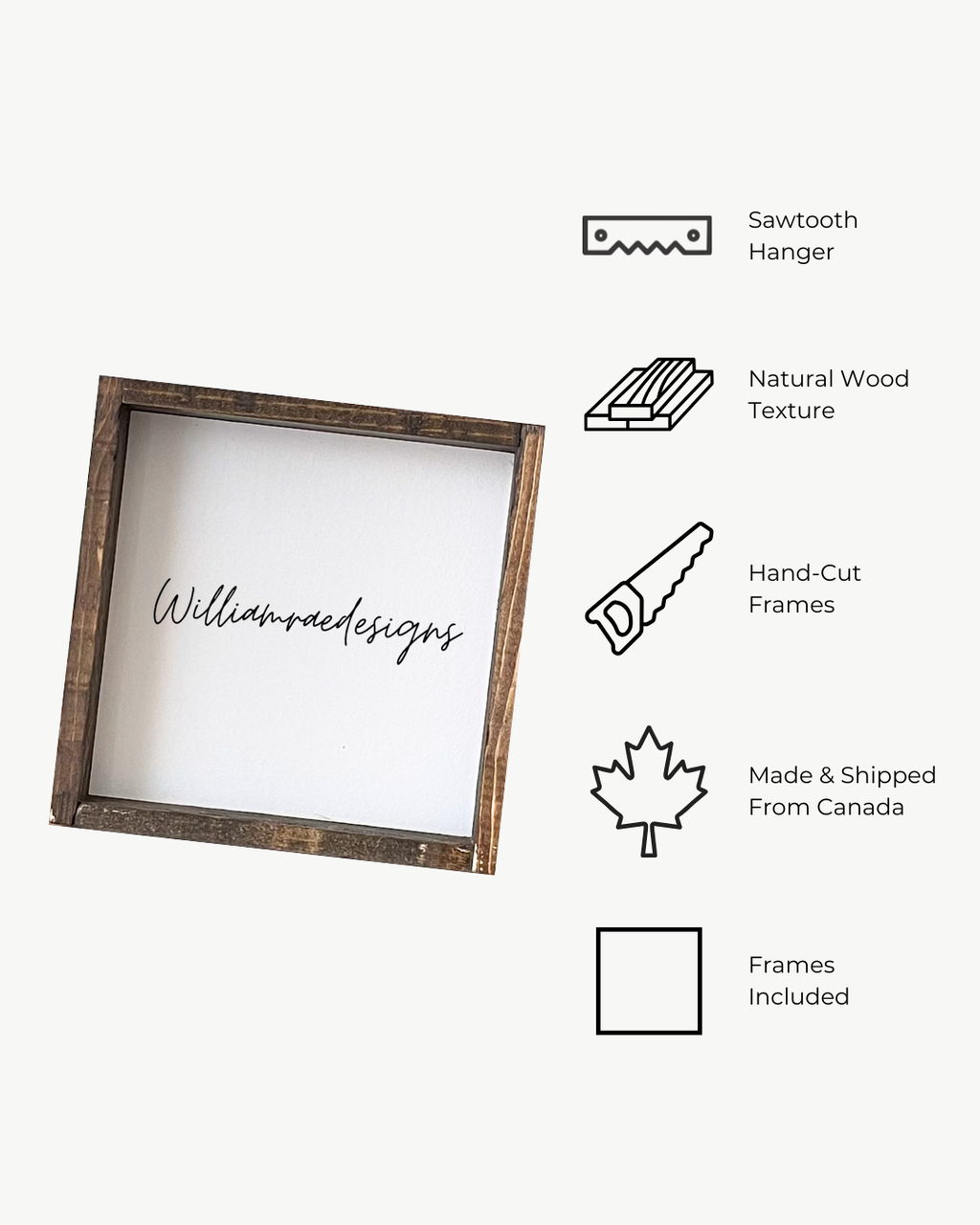 Wooden picture frame with 'Williamraedesigns' branding on a white background, featuring icons and text about product features.