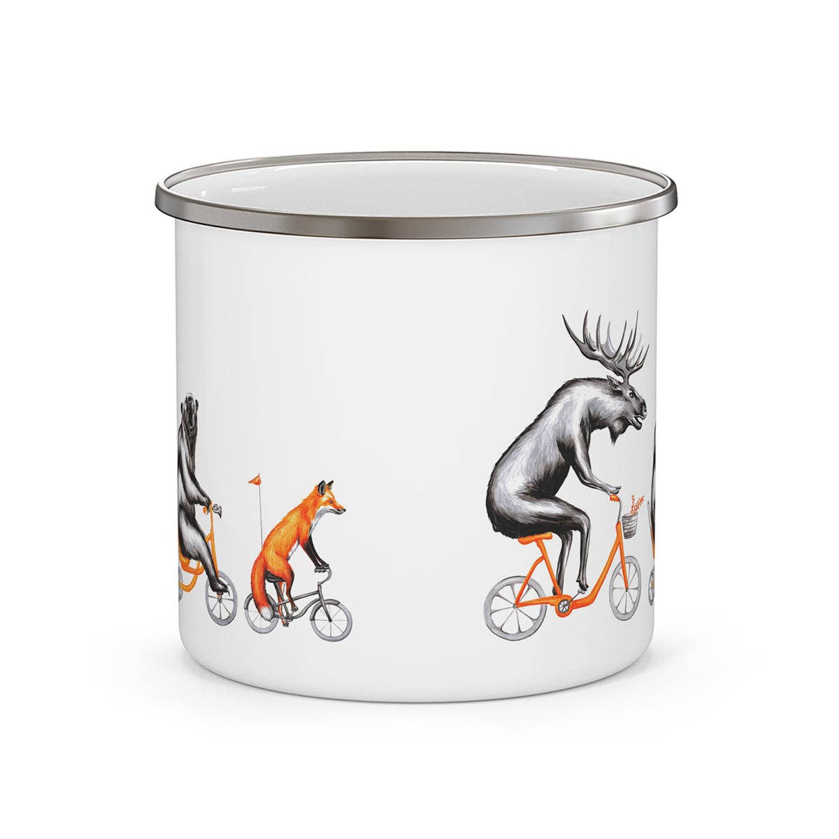 Moose, bear and fox riding a bike enamel mug with stainless rim