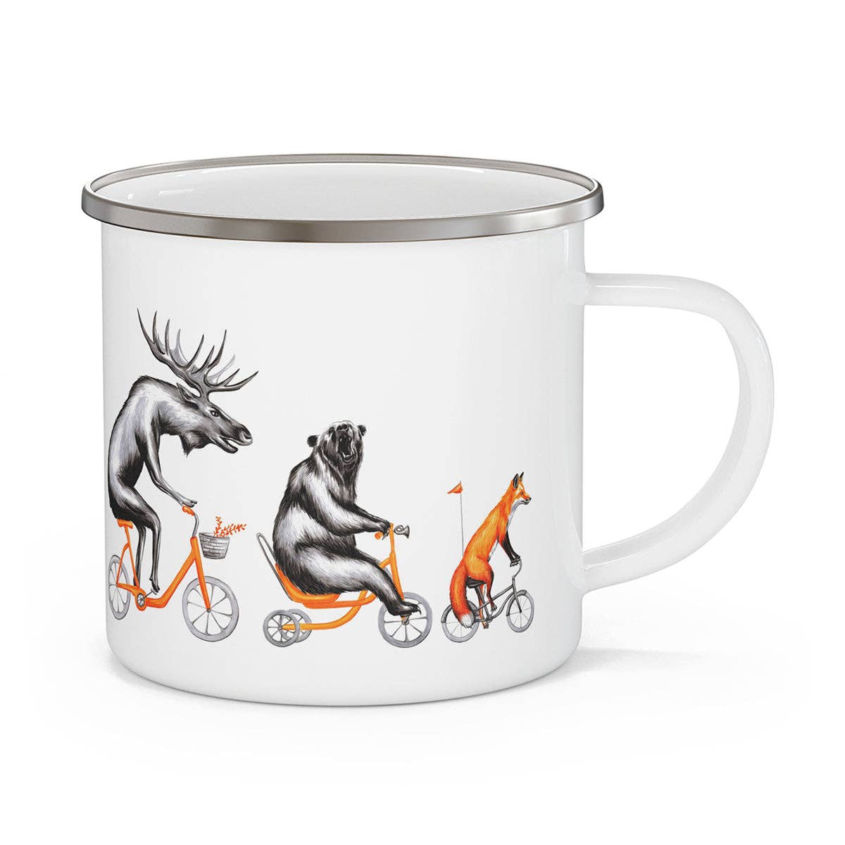 Moose, bear and fox riding a bike enamel mug with stainless rim