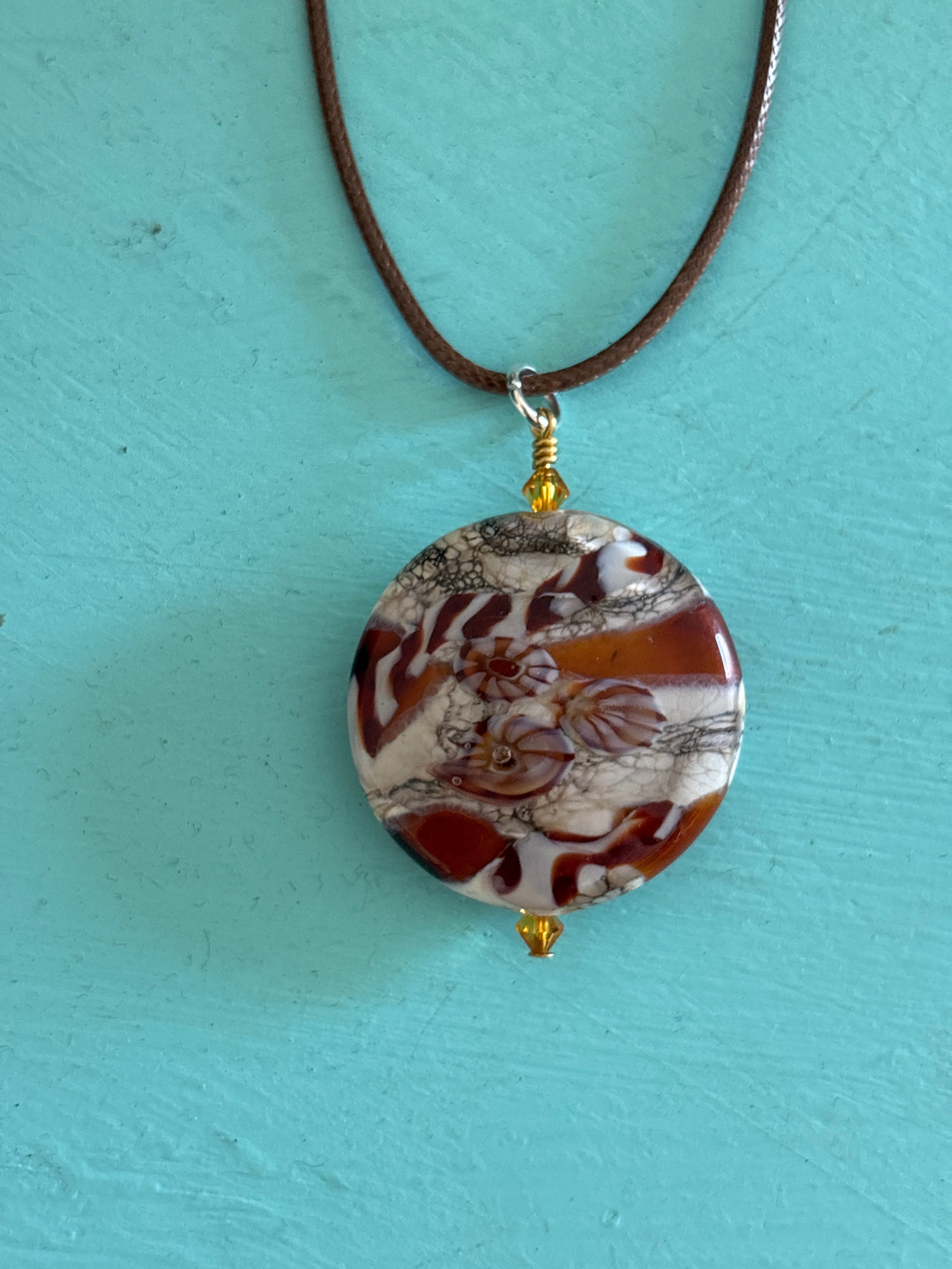 Golden Shore Handmade Glass Bead Pendant Necklace by Meri Glass (024)