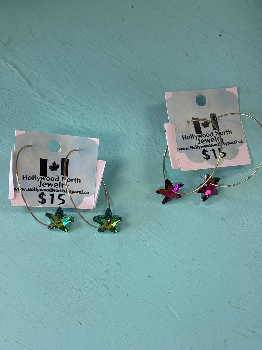 Glass Star Dangle Hoop Earrings by Hollywood North Jewelry