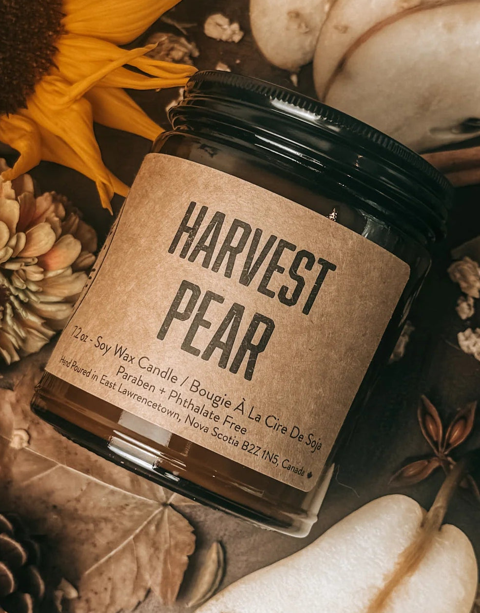 A jar candle labeled 'HARVEST PEAR' styled in a flat lay with a pear, sunflower, pinecones, cinnamon sticks, star anise, and dried leaves on a burlap surface.