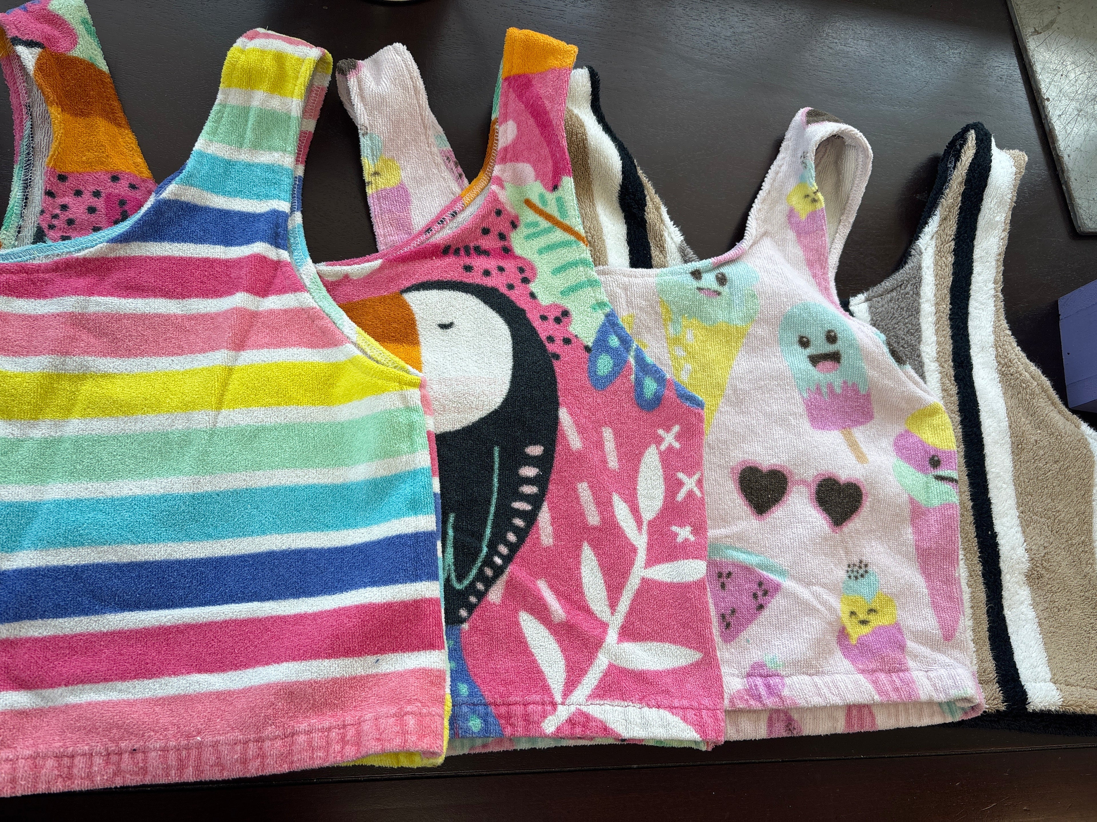 Colourful tank tops made of repurposed towels