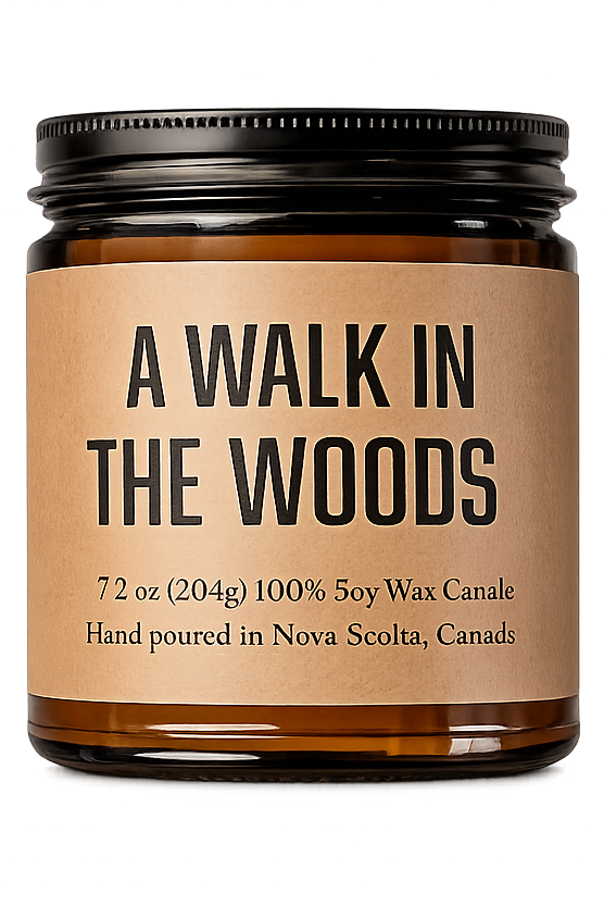 Candle jar labeled 'A Walk in the Woods' on a white background