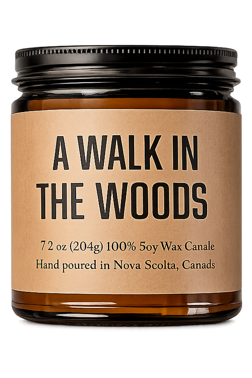 Candle jar labeled 'A Walk in the Woods' on a white background