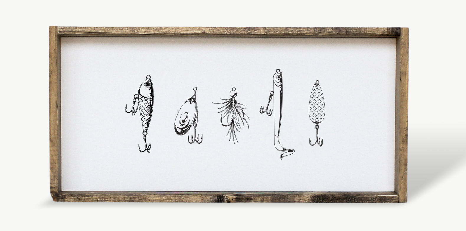Framed artwork with illustrations of fishing lures on a white background