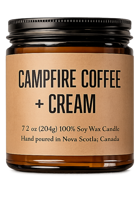 Candle jar labeled 'Campfire Coffee + Cream' on a white background