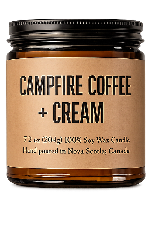 Candle jar labeled 'Campfire Coffee + Cream' on a white background