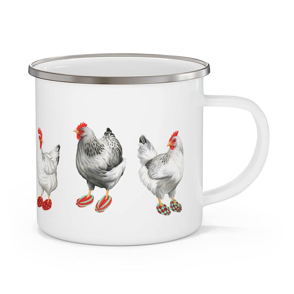 White mug with chicken illustrations on a white background
