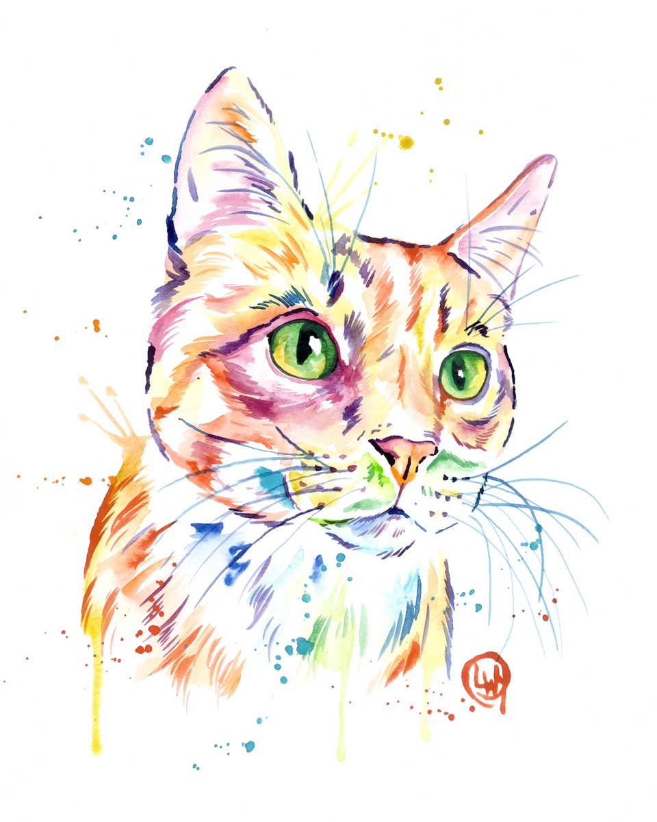 Colorful watercolor painting of a cat on a white background