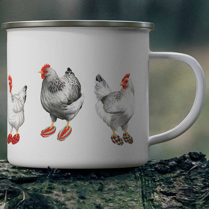 White enamel mug with chickens waring slippers