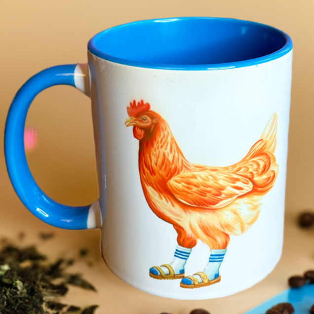 Hen wearing Sandals and socks Mug