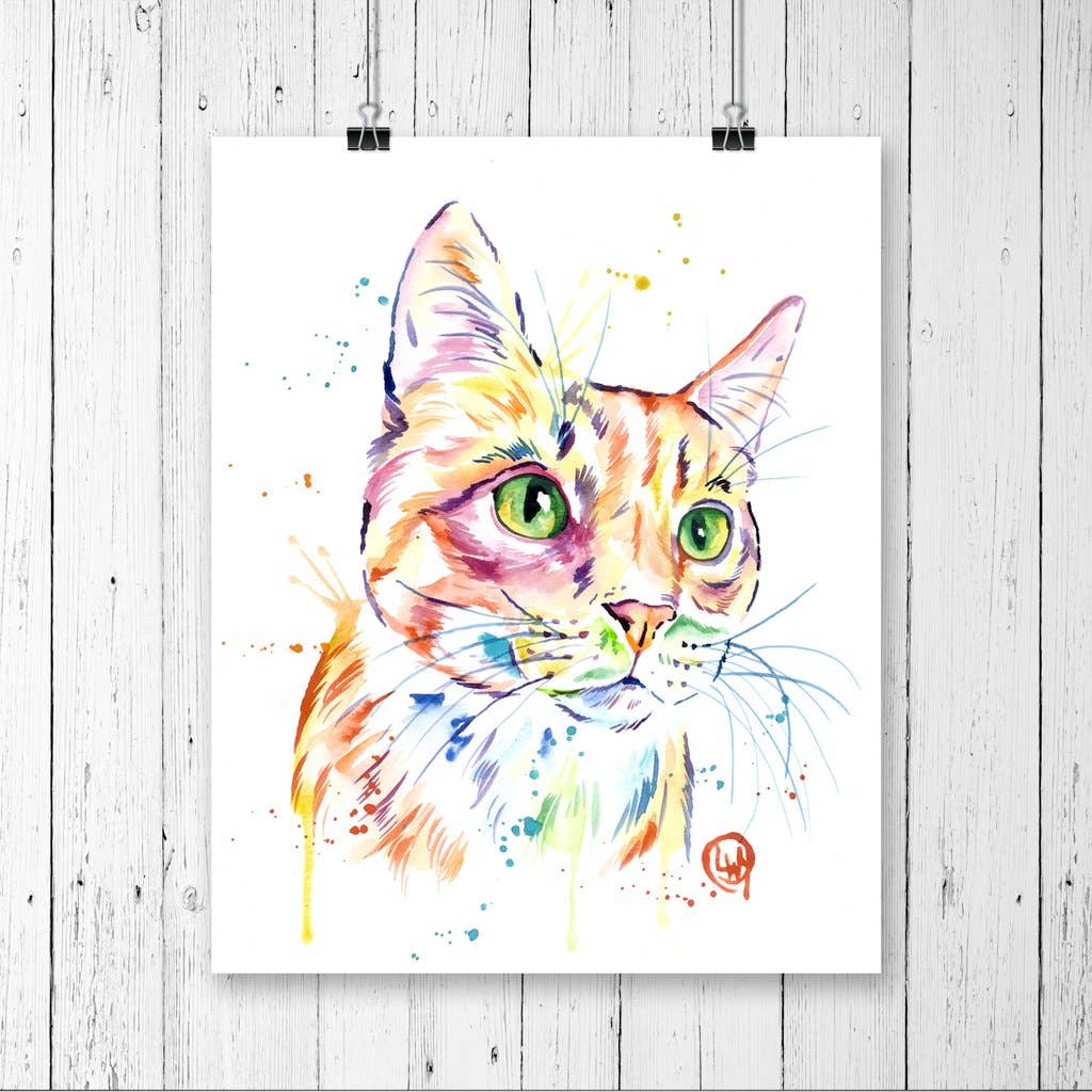 Colorful watercolor painting of a cat on a white background