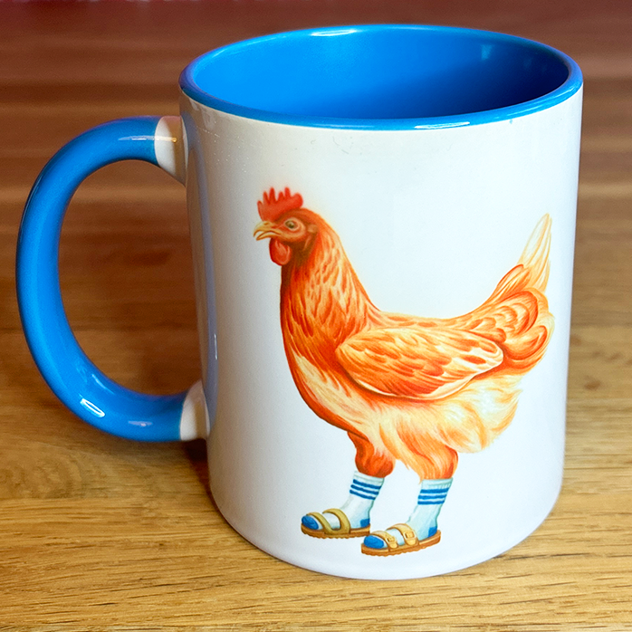Hen wearing Sandals and socks Mug