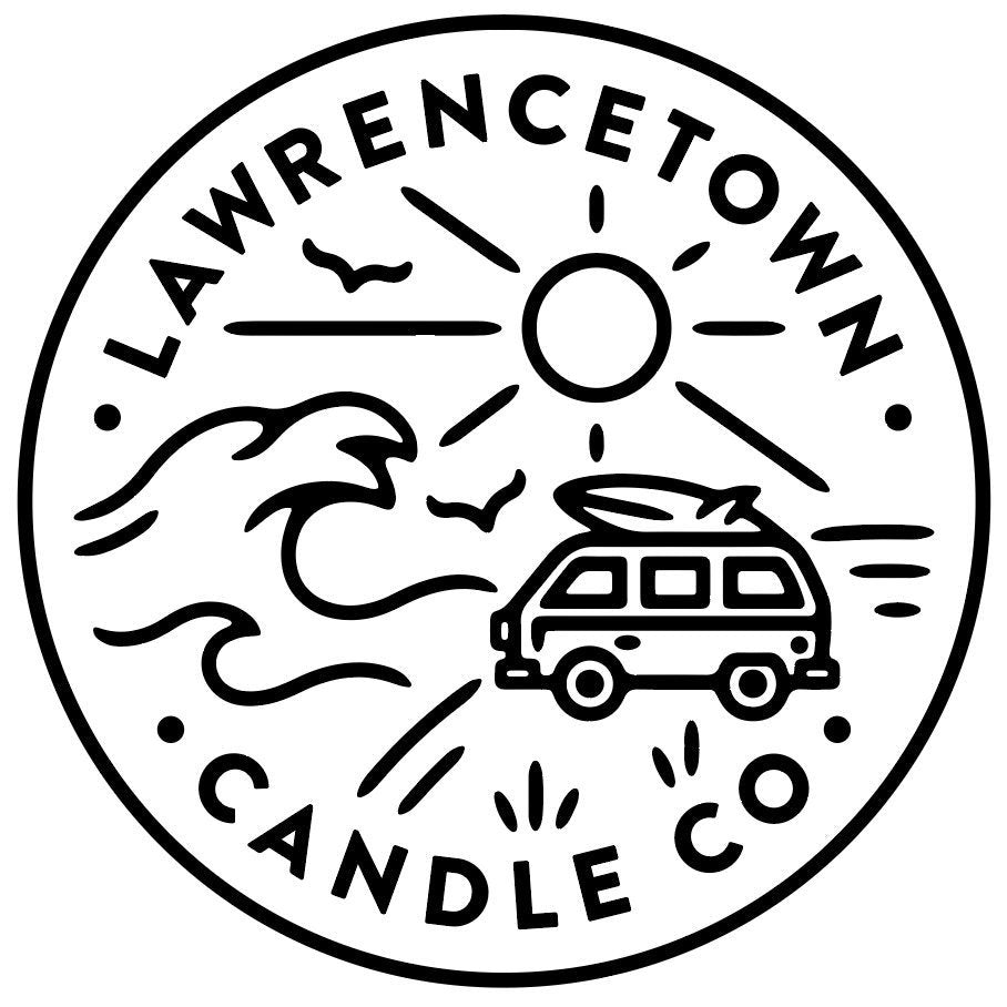 Circular logo for Lawrencetown Candle Co with a van, sun, and waves.