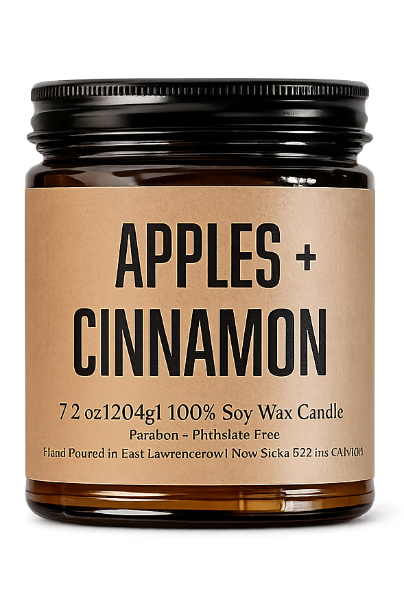 Jar of 'Apples + Cinnamon' candle on a white background
