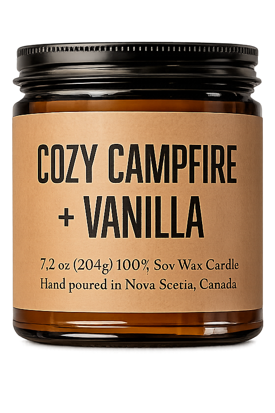 Candle jar labeled 'Cozy Campfire + Vanilla' on a white background