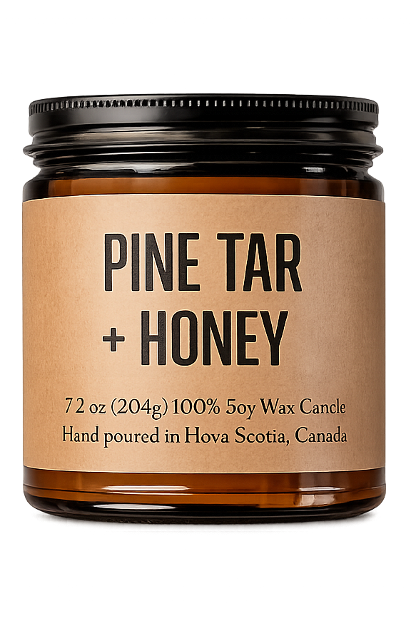Jar of Pine Tar + Honey candle with a brown label on a white background